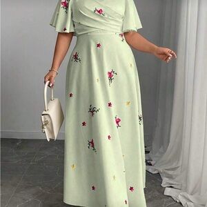 SHEIN Curve Mint Green Midi Dress with Pink Floral Accents